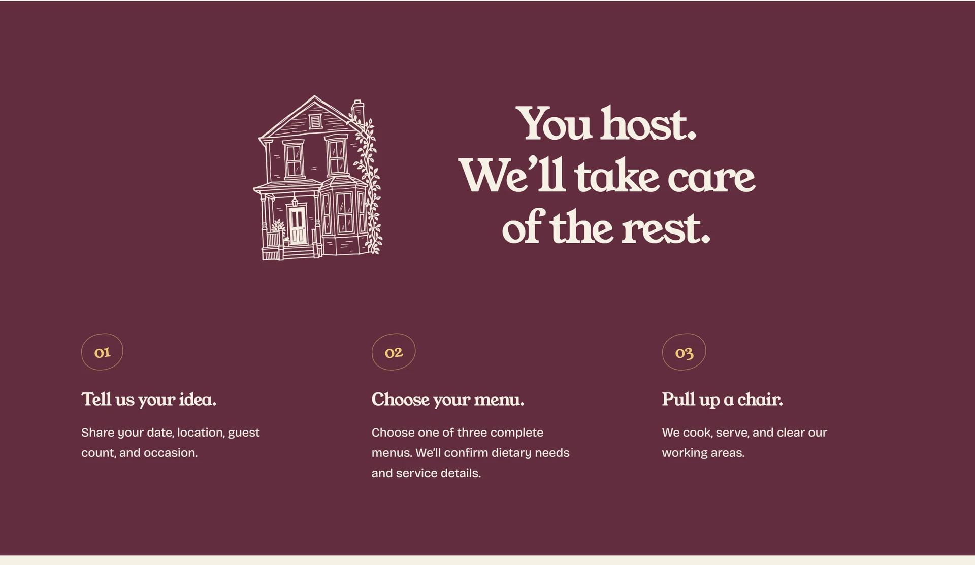 Claret hosting section with a townhouse illustration and three steps for planning a gathering
