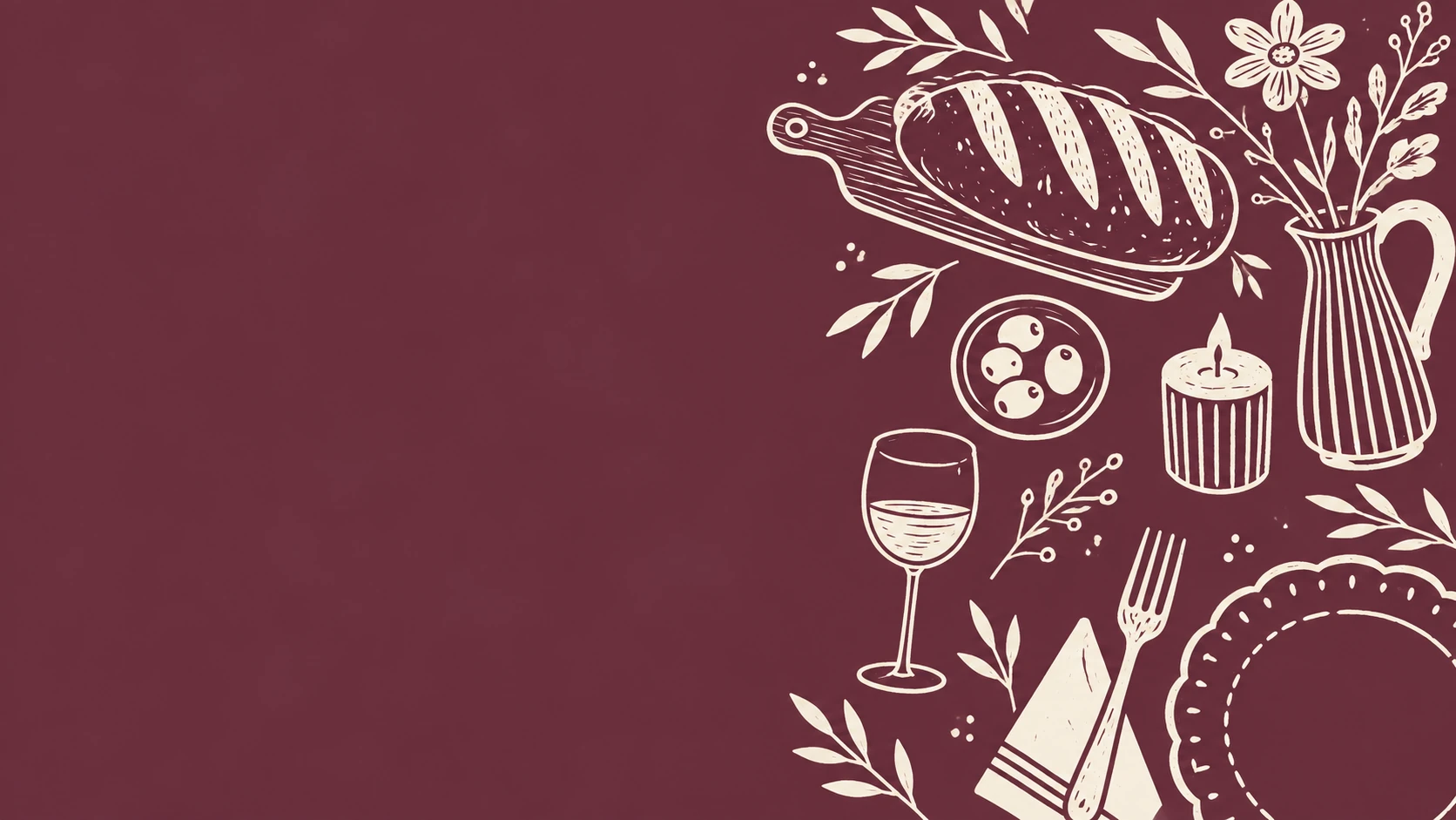 Ivory ink illustrations of bread, wine, flowers and a place setting gathered on the right of a claret background