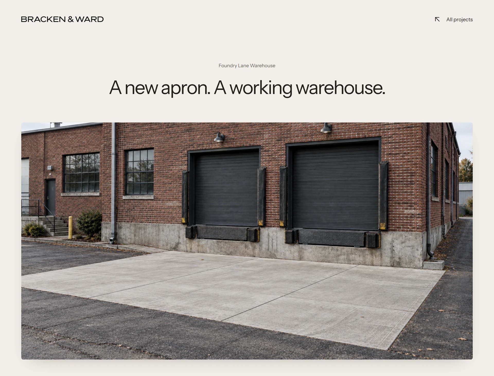 Foundry Lane project page with a concise headline and inset warehouse photograph
