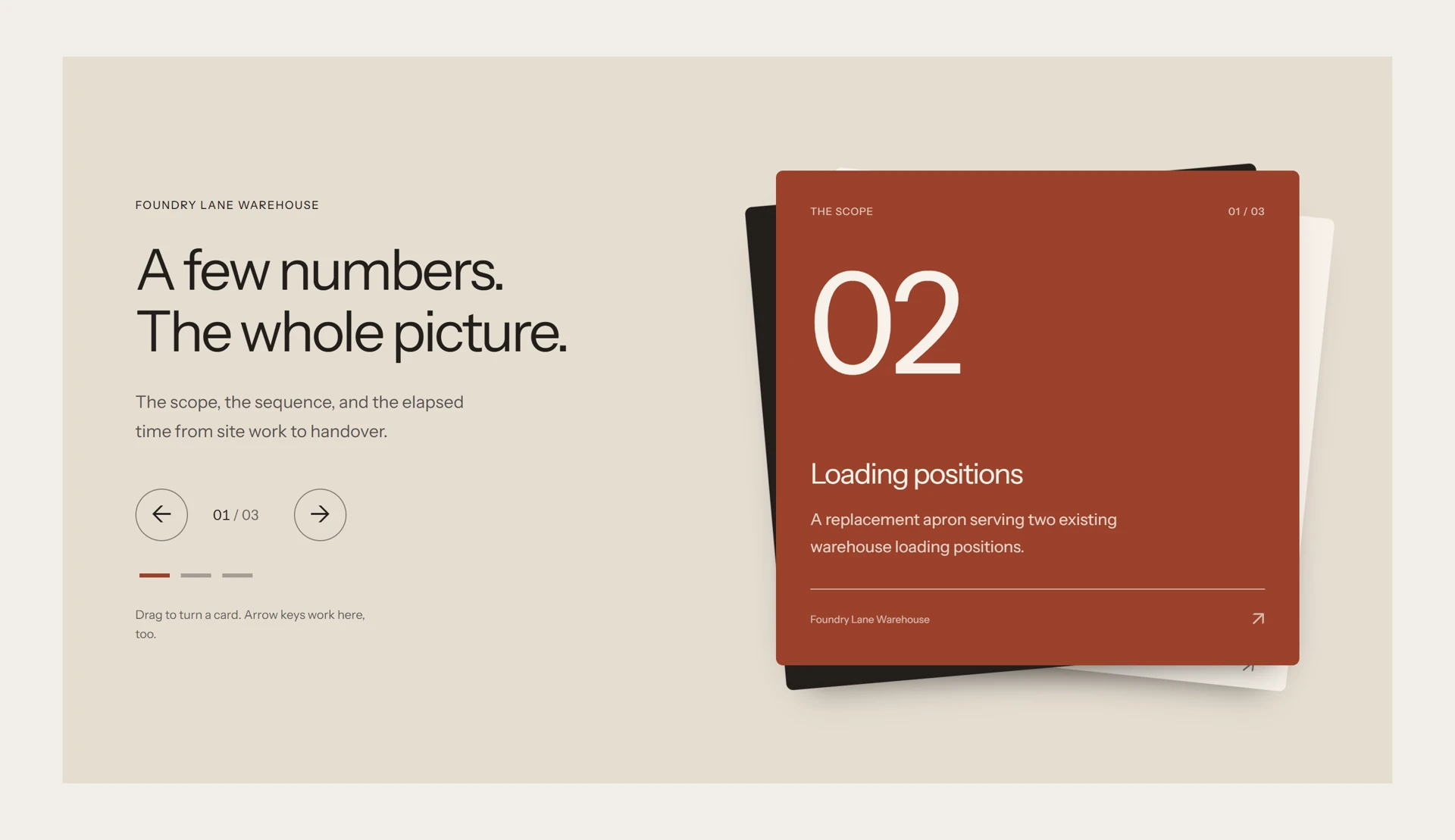 Interactive project facts presented as a layered card stack