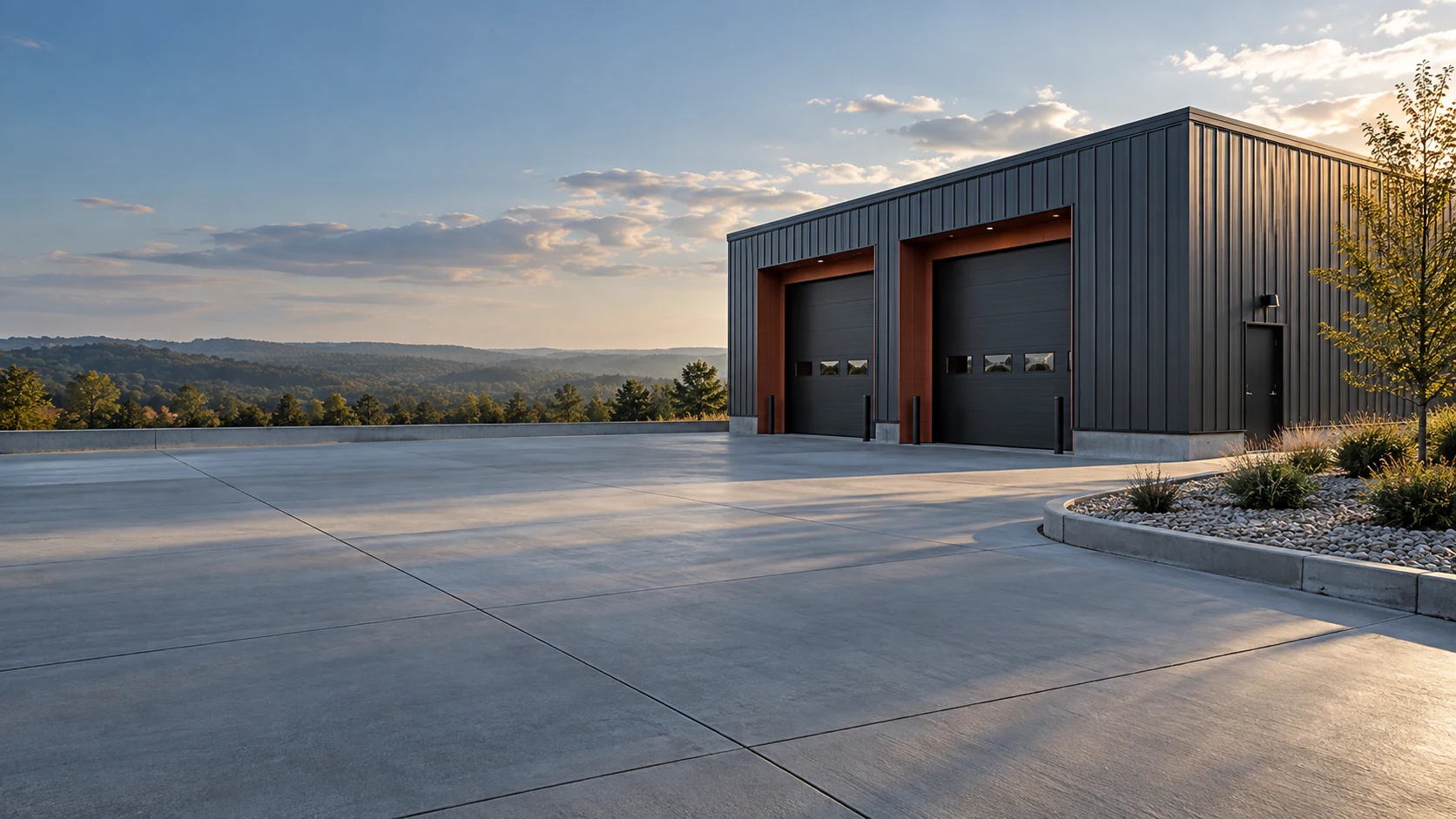 Graphite-clad workshop overlooking a concrete forecourt in warm evening light