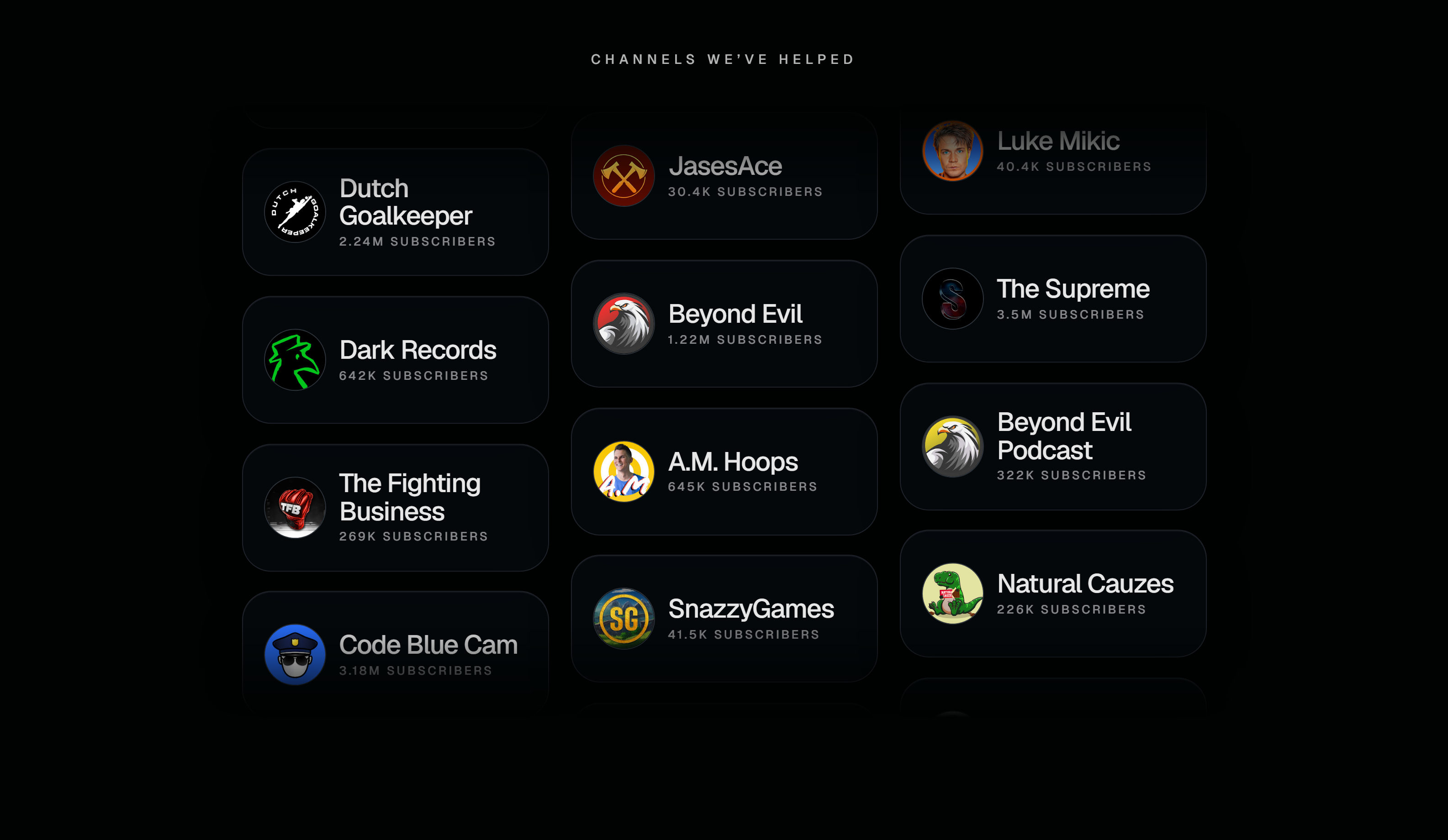 Creator Atlas roster — channels they've worked with, with real subscriber counts