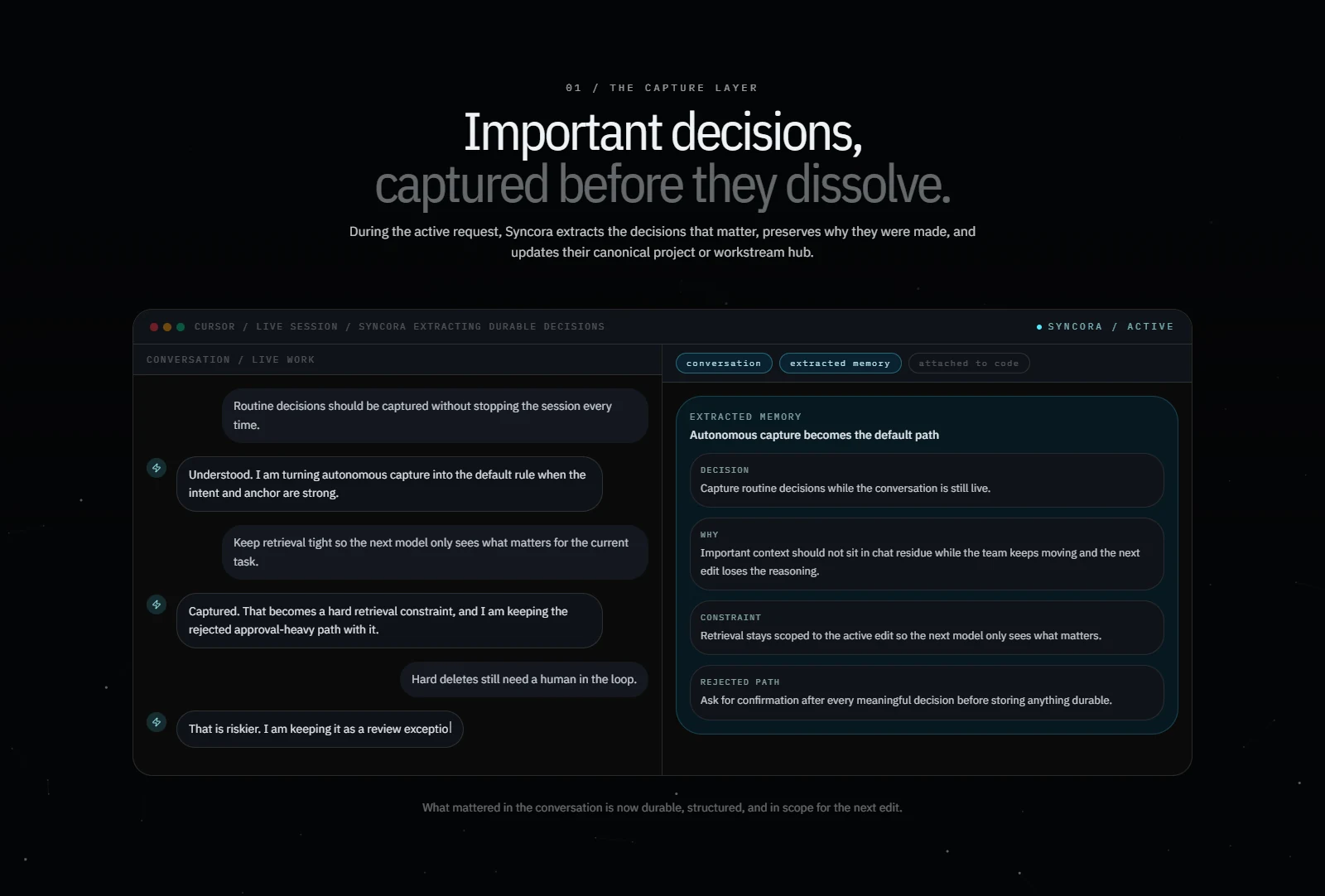 Syncora capture layer — extracting durable decisions from a live session