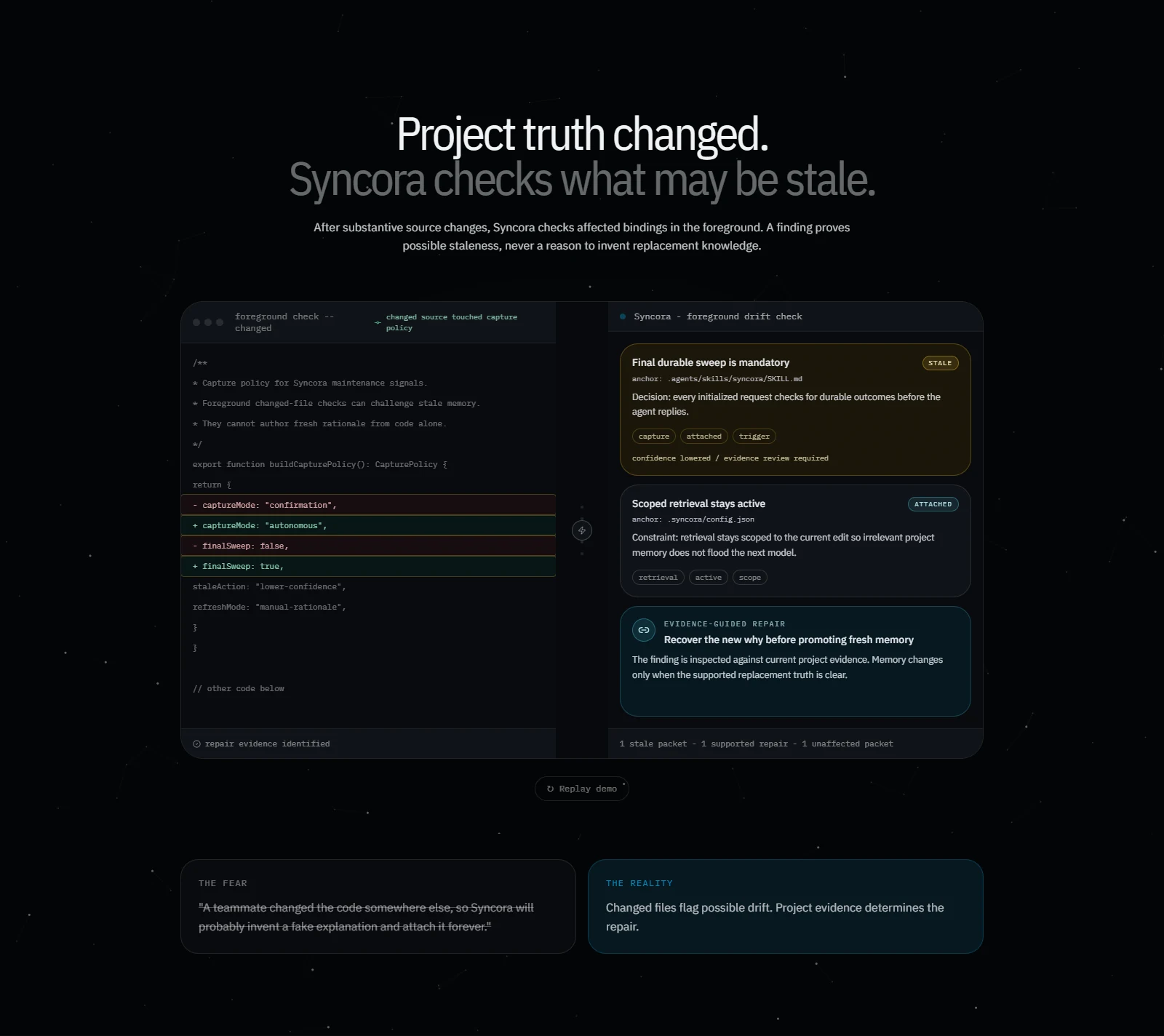 Syncora maintenance layer — flagging stale memory against a git diff