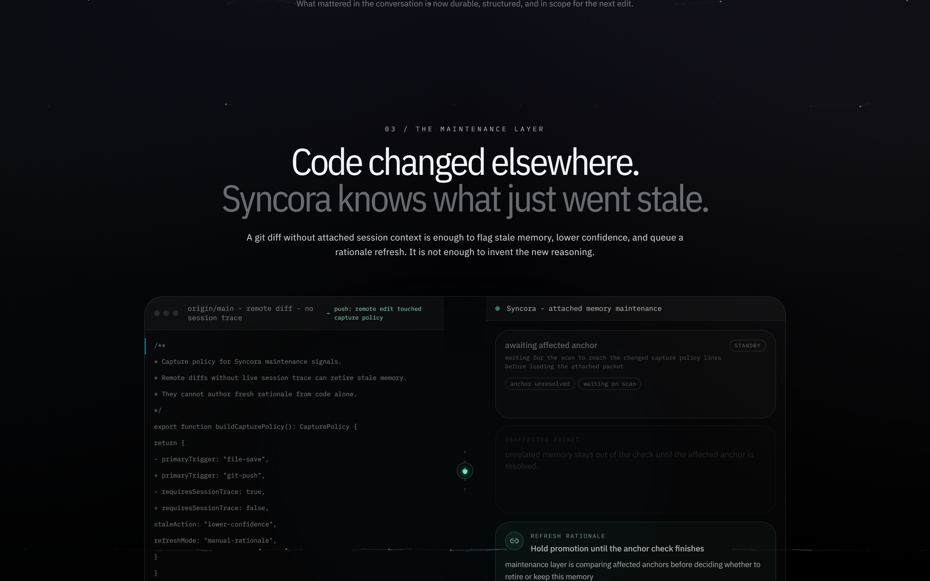 Syncora maintenance layer — flagging stale memory against a git diff