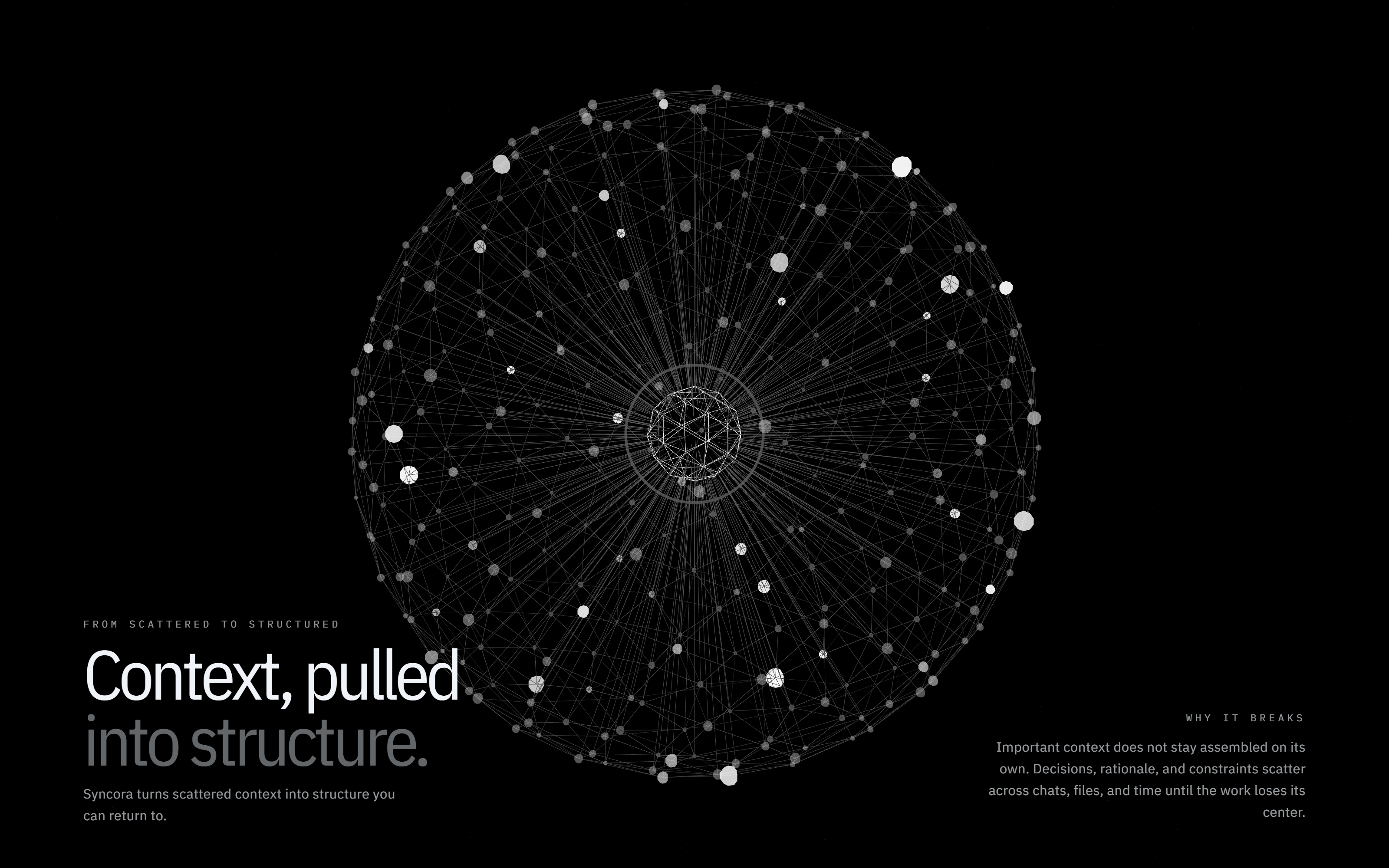Syncora landing — context pulled into a structured graph