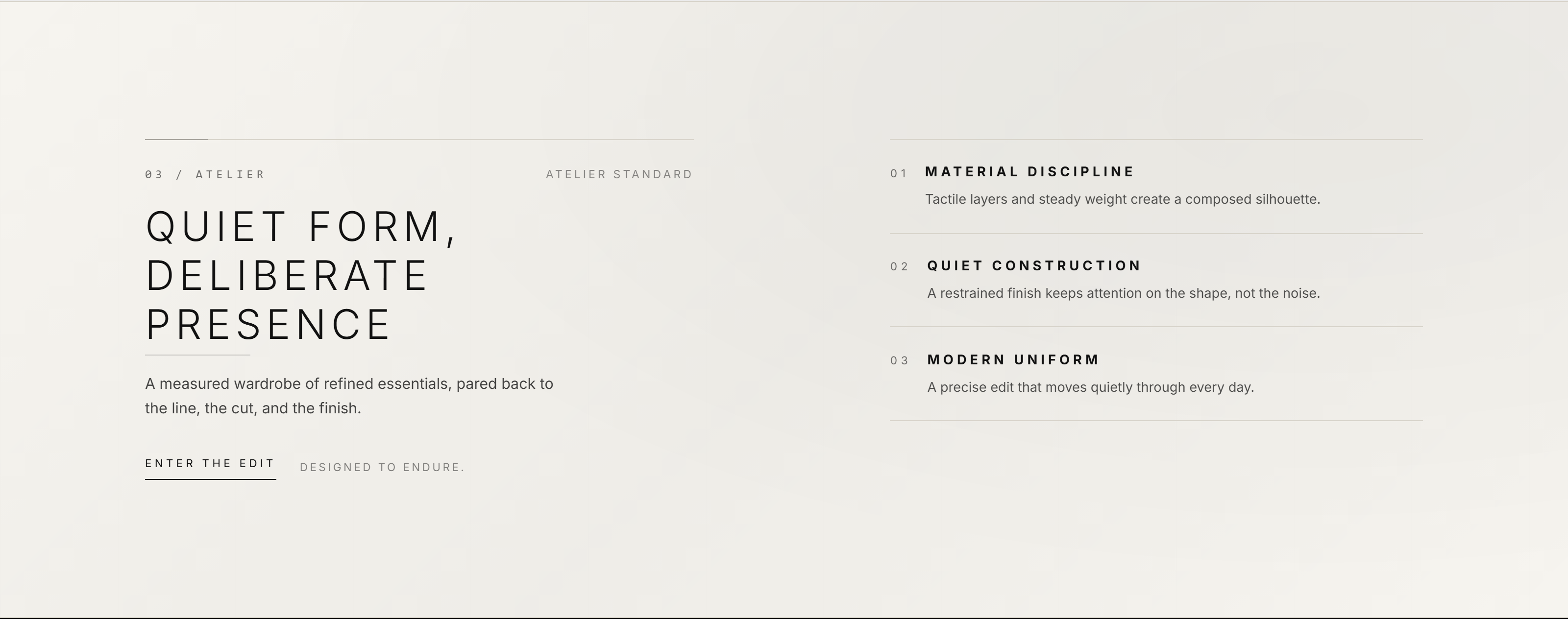 Thornborn Atelier Standard — quiet form, deliberate presence, set as editorial copy