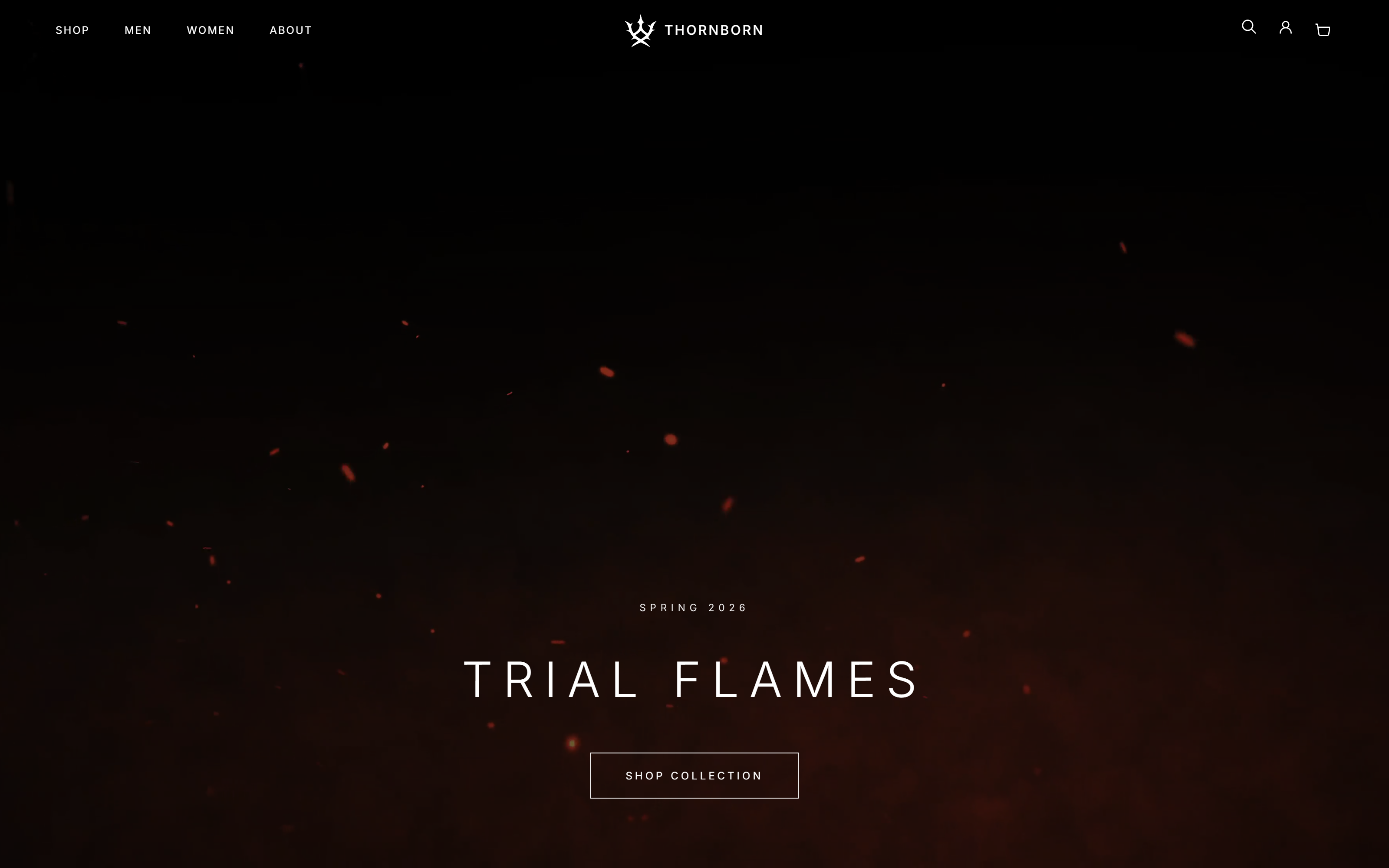 Thornborn homepage — a dark, ember-lit arrival leading with the collection name