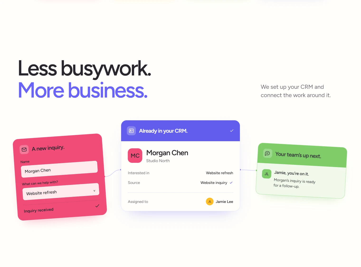 Pink inquiry form connected to a violet CRM record and a green team notification